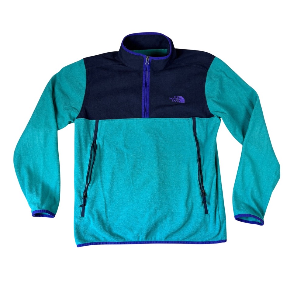 The North Face Mens Large 1/4 Zip Fleece Pullover Teal Navy Blue Colorblock